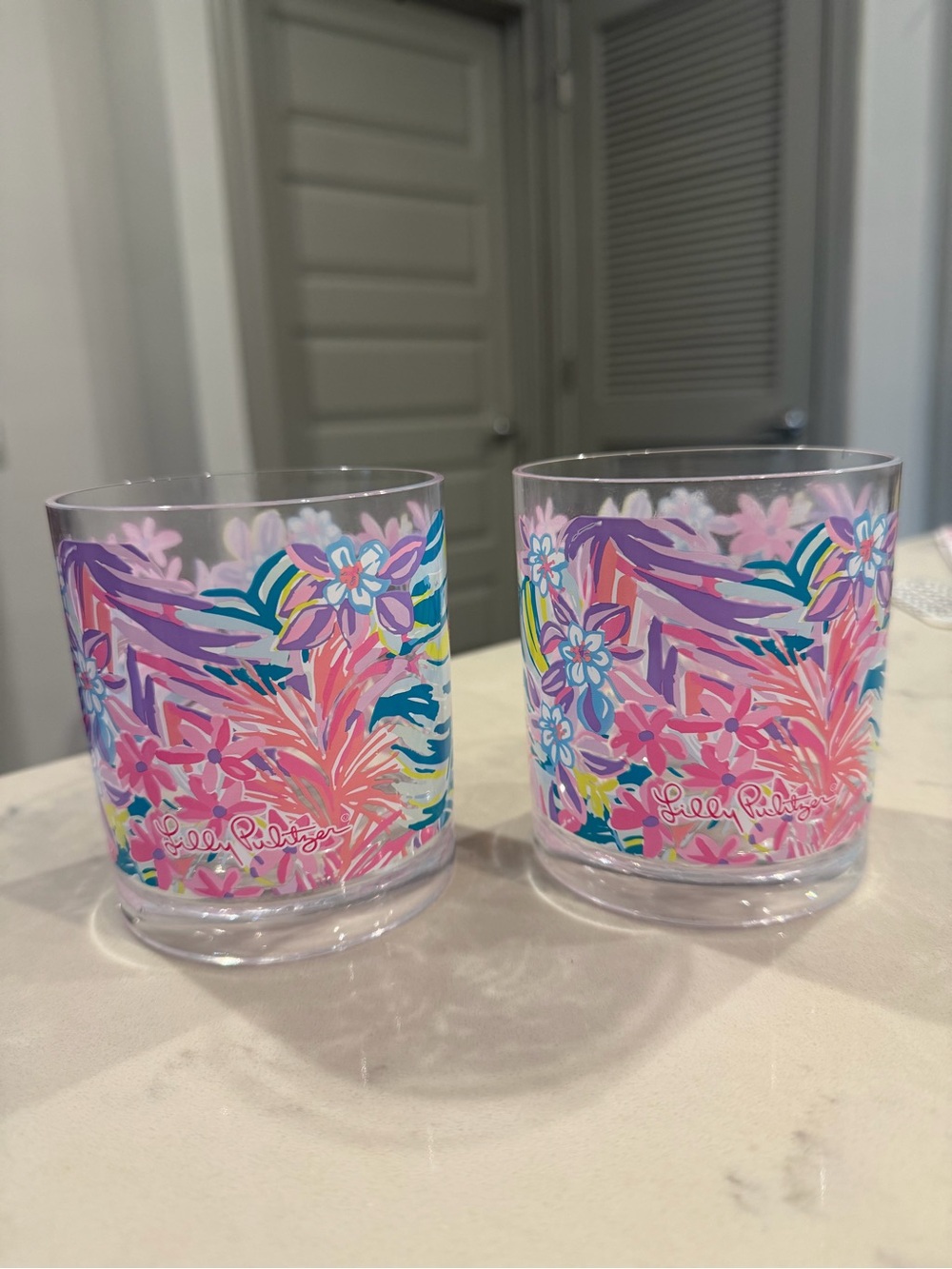 Lilly Pulitzer Multicolor Pink Floral Glass Tumblers - Pair
